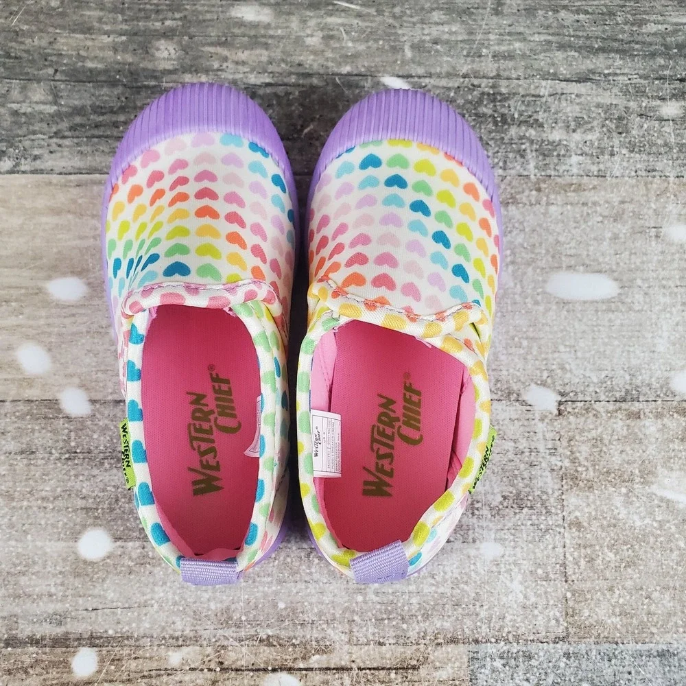 Western Chief Puddle Girls Shoes Sz 8 White Multi Heart Print Slip‎ On Sneakers